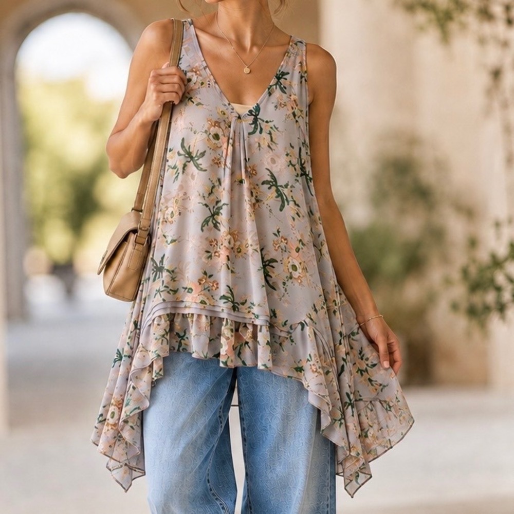 Maeve Anthropologie Tunic Top Floral Ruffle Sheer Fairy Boho Lagenlook BTC  M